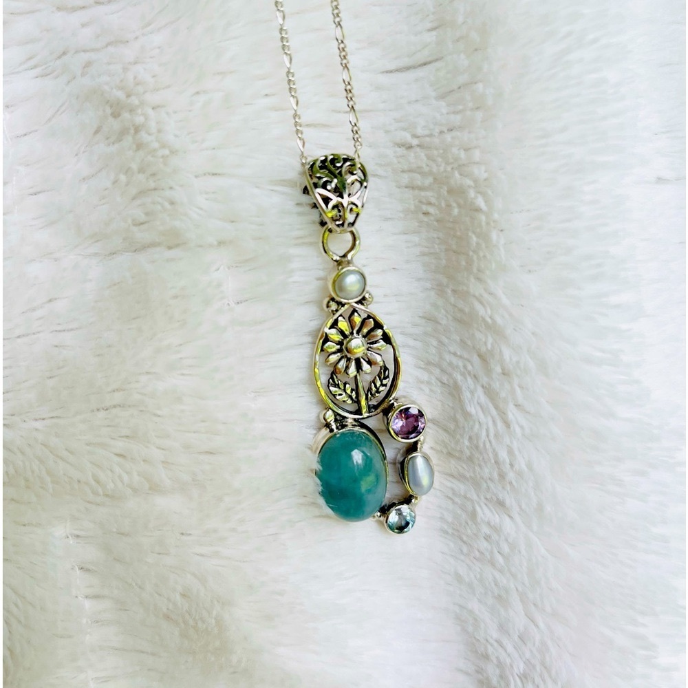 Aquamarine with Amethyst, Mother of Pearl, Blue Topaz & Sunflower 🌻 Pendant